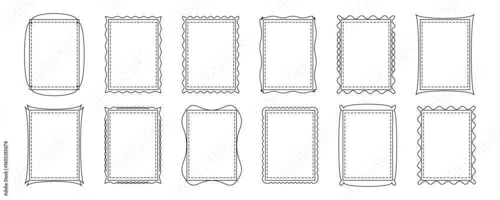 Simple frame thin line, border plaque icon, rectangle shape vintage box, black decor element editable stroke. Geometry retro linear banner, photo set isolated on white bg. Drawn vector illustration