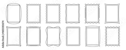 Simple frame thin line, border plaque icon, rectangle shape vintage box, black decor element editable stroke. Geometry retro linear banner, photo set isolated on white bg. Drawn vector illustration