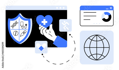 Hand holding heart, shield with medical icons, globe, and charts representing health, protection, and data. Ideal for healthcare, technology, security innovation global connections digital
