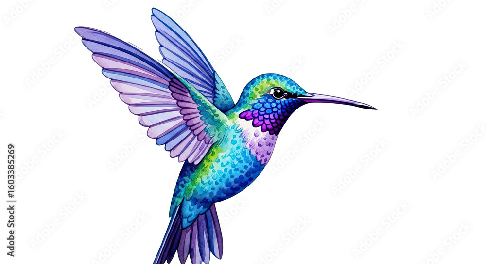 Obraz premium Illustration of a colorful hummingbird in flight with wings spread against a black background space