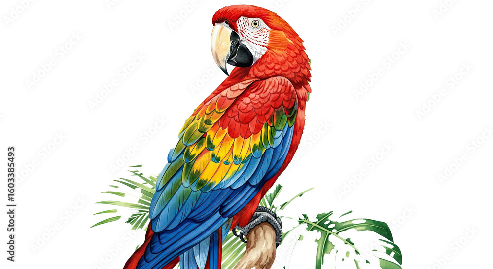 Fototapeta premium A vibrant scarlet macaw perched on a branch amidst tropical foliage against a black background scene
