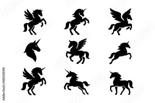 Silhouette unicorn and pegasus set: mythical creatures in dynamic poses