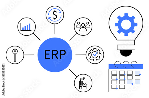 Central ERP hub connecting finance, team, production, analytics, and tools. Shows collaboration, innovation, scheduling. Ideal for business operations strategy planning productivity workflow
