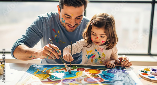 A father and daughter painting together with colorful paint on their faces and clothes at a table