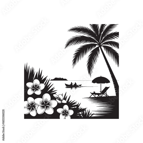 Black and white vector park bench with book under a tree illustration