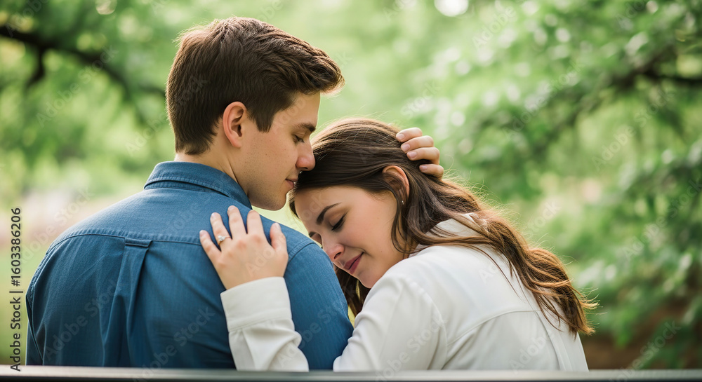 Fototapeta premium A young couple embracing outdoors with the woman resting her head on the man's shoulder in a park setting