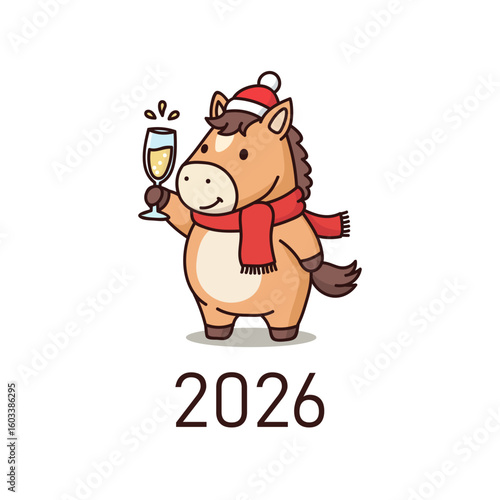 A cute cartoon horse making a New Year's toast with a glass of champagne. Symbol of 2026, the Year of the Horse. Festive vector illustration for a holiday party invitation or a corporate celebration b