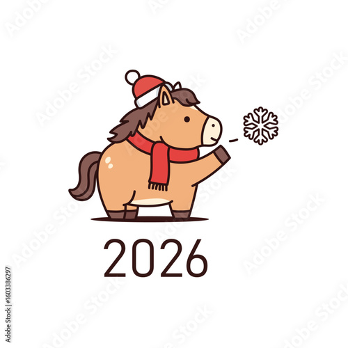 Cute horse character blowing a big magical snowflake. Symbol of winter holidays and the New Year 2026, the Year of the Horse. Adorable vector illustration for a seasonal greeting card or children's bo