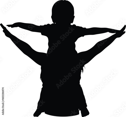 A joyful silhouette of a child on shoulders celebrating togetherness family bond and playtime fun on a pure white background