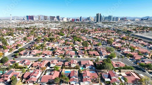 Aerial Tracking Shot of Las Vegas Residential Areas and Distant Strip