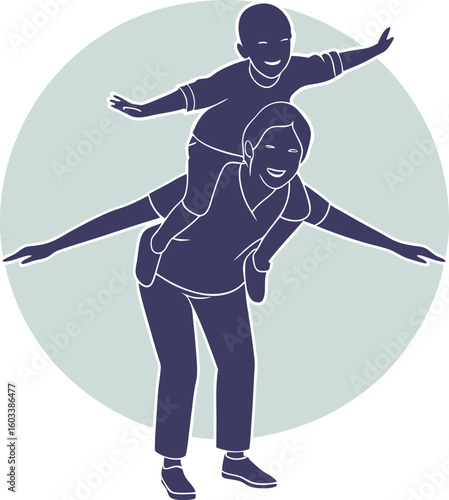 A parent giving their child a piggyback ride demonstrating joyful family playtime and connection in a simplified modern illustration style