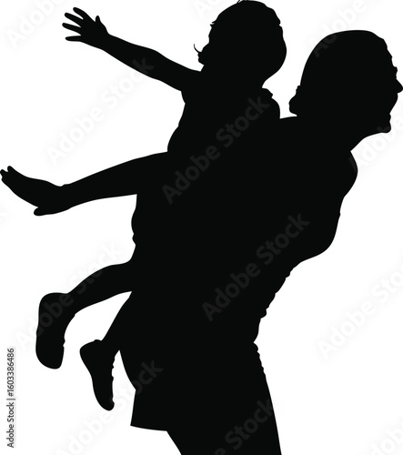 A silhouette of a happy child enjoying a piggyback ride with an adult representing love and family bonding