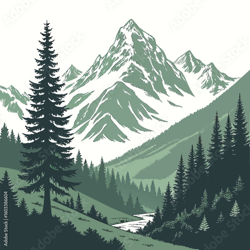 A serene mountain landscape featuring snowcapped peaks, lush green valleys, and a winding river, evoking a sense of adventure and natural beauty