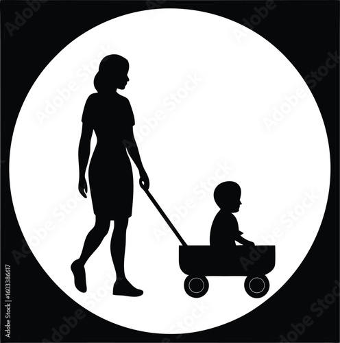Mother and child silhouette walking together in a wagon symbolizing parenthood family and childhood with a clean minimalist design