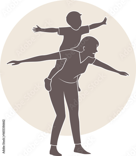 Mother carrying son piggyback in silhouette enjoying playful moments of happiness and joy against a neutral beige background