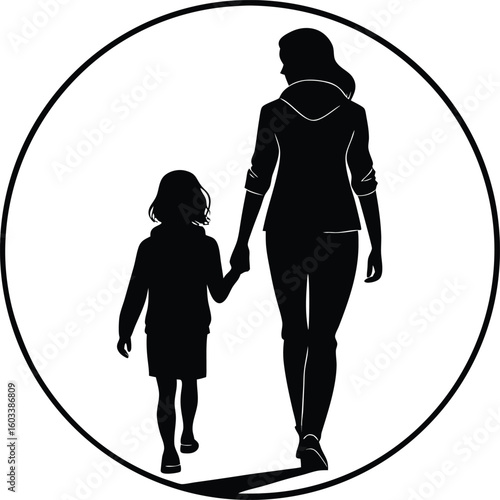 Silhouette of a mother and daughter walking together symbolizing family bonds and maternal love in a simple black and white design