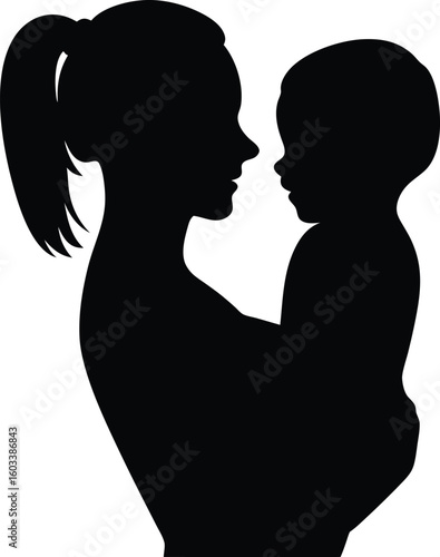 Silhouette of a mother holding her baby depicting love and maternal bond on a white background