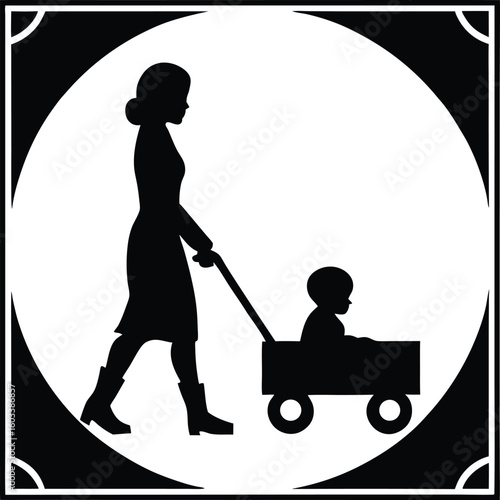 Silhouette of a mother pushing a baby in a wagon representing parenthood and family life isolated on a white background