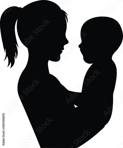 Silhouette of a mother holding her child in a loving embrace showing maternal care and bond