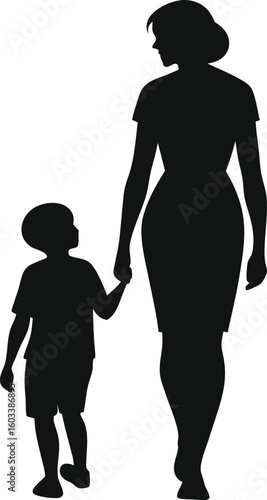 Silhouette of a mother walking with a child holding hands symbolizing family bond and parental care depicted in a simple elegant black and white design