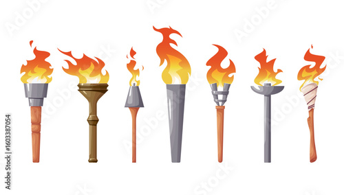 Torch flame icon set. Collection of burning ancient, medieval, sport, Nordic, Roman, tropical torchlights. Vector illustration isolated on a white background
