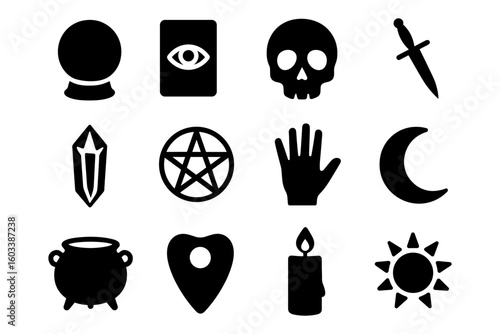 Mystical symbols silhouettes: skulls, daggers, and celestial icons for halloween decor