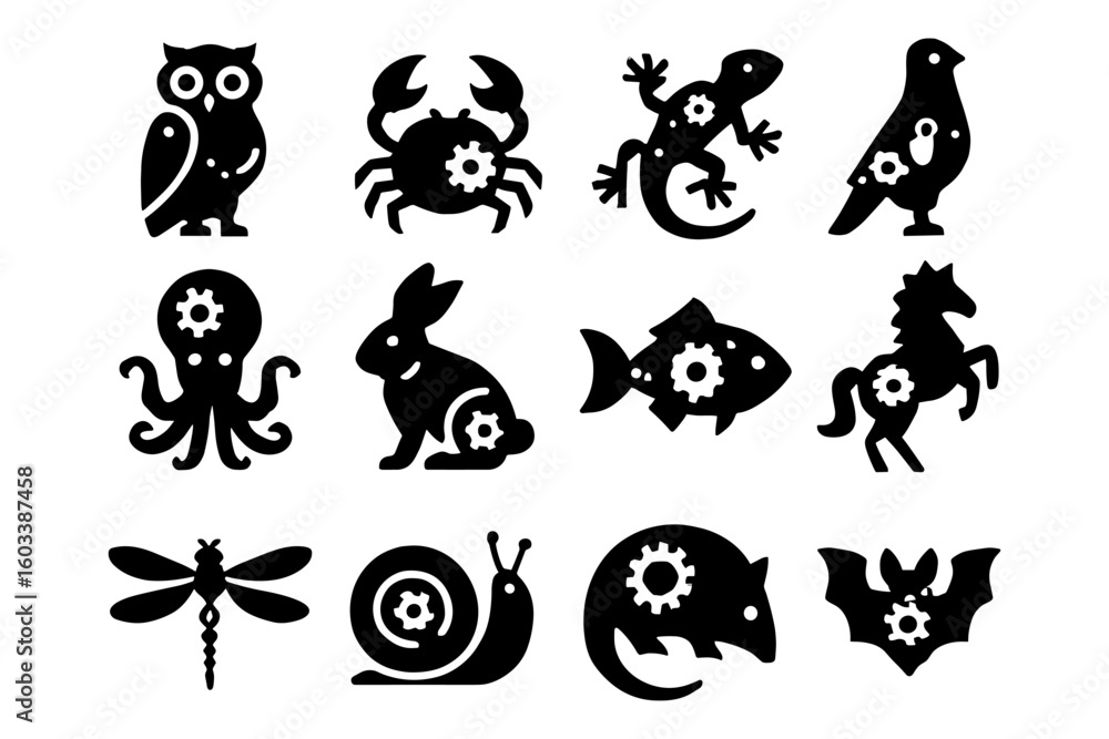 Fototapeta premium Mechanical animal icons: steampunk silhouette gadget creatures collection
