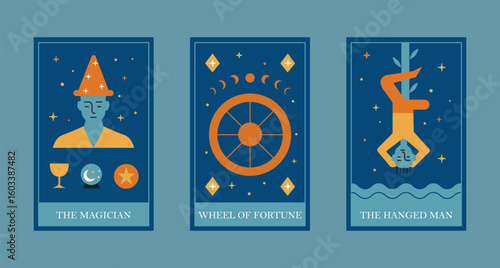 Tarot Cards Vector Set - The Magician Wheel of Fortune Hanged Man Mystical Illustrations