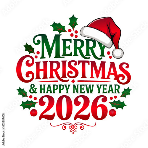 Cheerful Christmas and New Year 2026 Word Art with Stylized Decorations isolated on transparent background