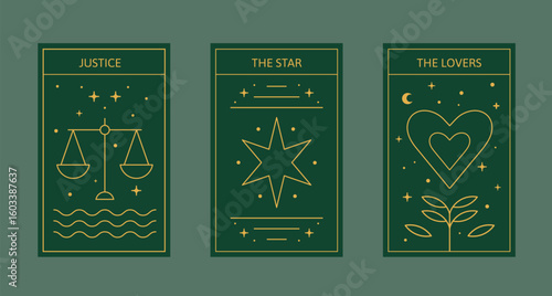 Mystical Tarot Card Set - Justice, The Star, The Lovers - Golden Line Art on Dark Green Background