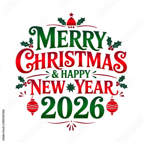 Cheerful Christmas and New Year 2026 Word Art with Stylized Decorations