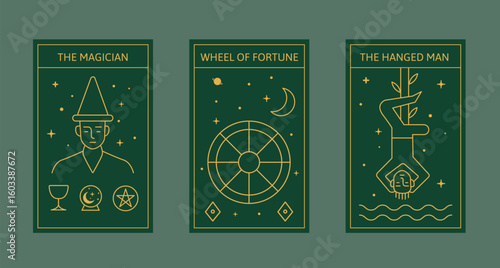 Tarot Cards Vector Set - Gold Line Art Magician Wheel Fortune Hanged Man Illustrations
