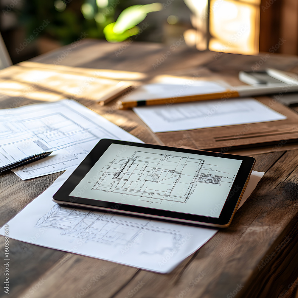 Fototapeta premium Wooden table setup with digital tablet showing blueprint application, next to printed design drafts and structural specs