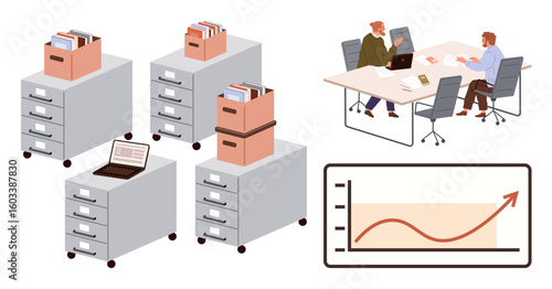 Filing cabinets with office supplies and laptop, two colleagues collaborating at a table, and a rising business growth chart. Ideal for teamwork, productivity, planning, data management