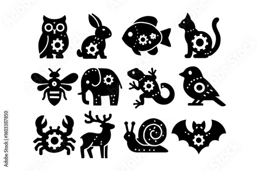 Clockwork silhouette animals featuring mechanical gear elements in black and white
