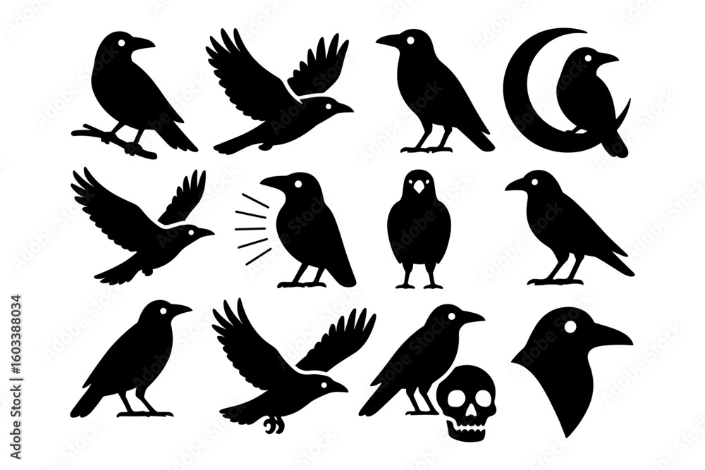 Obraz premium Silhouette collection of crows and ravens with moon and skull elements