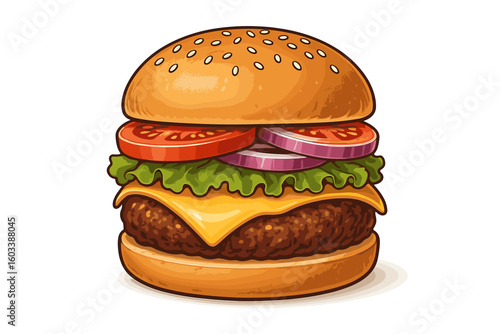 Classic Burger Temptation: A mouthwatering illustration of a classic burger, showcasing layers of fresh ingredients and a sesame seed bun.