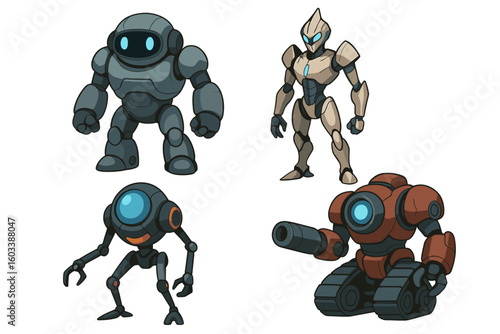 Robotic Quartet: A dynamic ensemble of four unique robotic figures showcases diverse designs, ranging from sleek and futuristic to rugged and industrial. 
