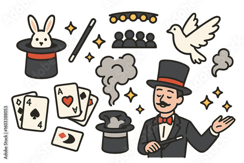 Conjurer's Collection: A whimsical collection of magic-themed elements, featuring a conjurer, cards, a top hat, a rabbit, a dove, a wand and sparkling star.