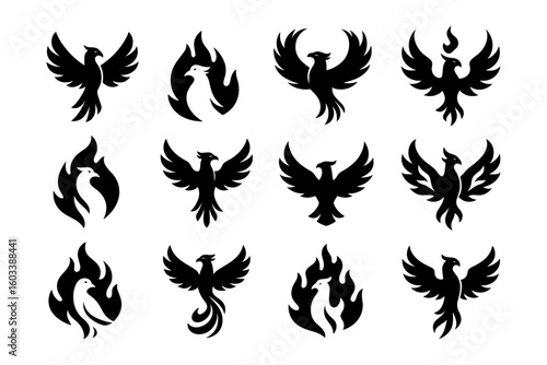 Phoenix silhouette icons: mythical firebird designs in black and white