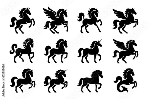 Majestic horse and unicorn silhouettes in various poses and styles