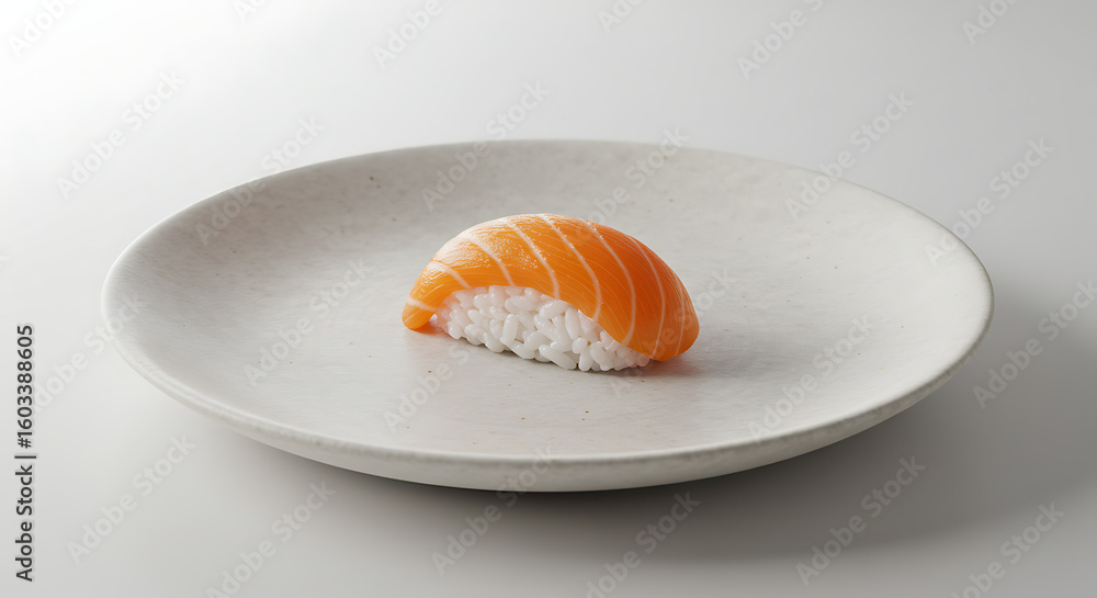 Single piece of salmon nigiri sushi on ceramic plate, minimal white background Single piece of salmon nigiri sushi on ceramic plate, minimal white background
