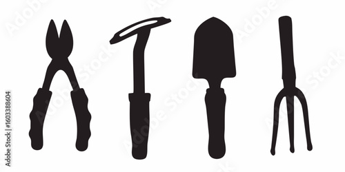 Gardening Tools Silhouette: An array of gardening tools silhouetted, embodying the essence of a productive gardening session, suggesting themes of growth and cultivation.