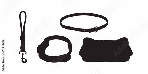 Pet Accessories in Silhouette: A collection of essential pet accessories, including a leash, collar, harness, and a stylish pet carrier, presented in a clean, minimalist silhouette.