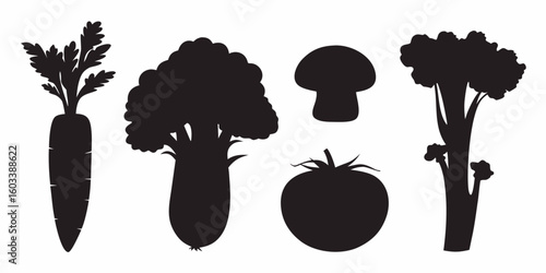 Fresh Produce Silhouettes: A collection of diverse vegetables captured in striking silhouette form, each element representing freshness. Including the carrot, broccoli, tomato.