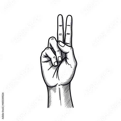 Hand showing peace sign. Hand-drawn sketch, monochrome, harmony concept, freedom. For social campaigns, posters, graphic design