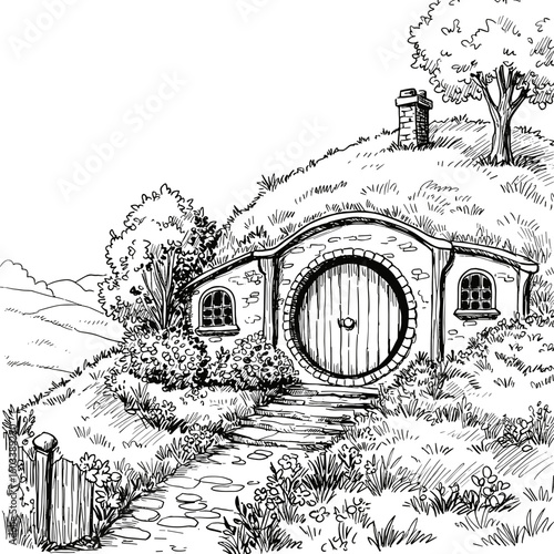 Bag End Hobbit House on Grassy Hillside. Monochrome sketch, iconic fantasy dwelling, Hobbit Day celebration. For literary themes, fan art, event invitations