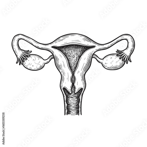 Detailed anatomical illustration of female reproductive system. Line vector, reproductive health, anatomy. For medical education, study guides