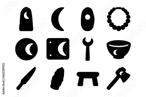 Primitive tools and objects: silhouette icons of ancient craftsmanship and nature