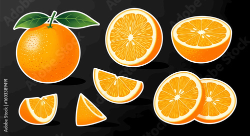 A fresh collection of ripe orange citrus fruits, including whole, half, sliced, and wedge pieces, isolated on a clean white background.
